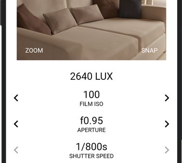 Light Meter app preview image showing a camera view, camera settings and exposure values