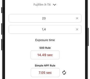 Star Exposure Calculator app preview image showing a selected camera, settings and exposure values